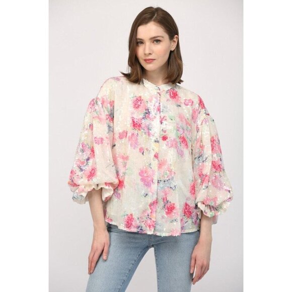 Floral Sequin Bubble Sleeve Blouse - Picture 6 of 12